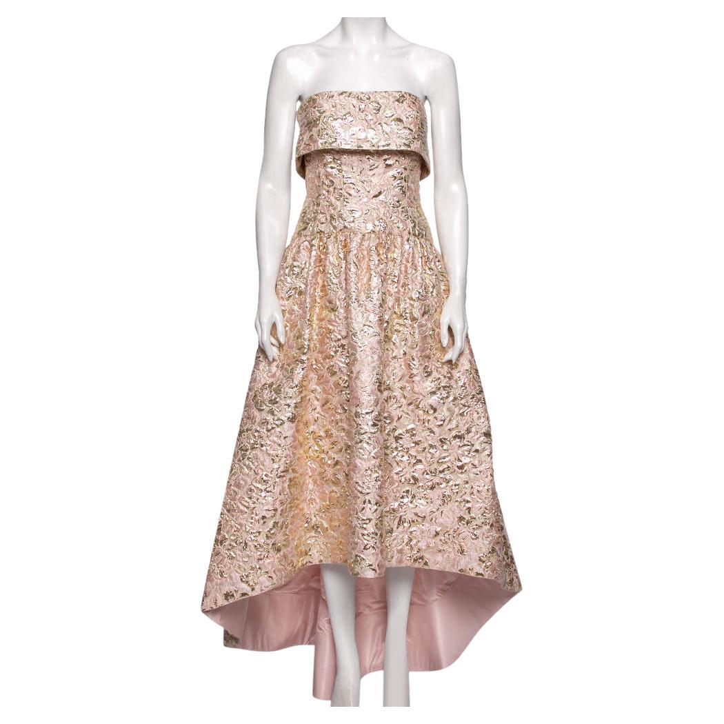 Oscar De La Renta Pink and Gold Brocade Strapless Asymmetrical Gown S