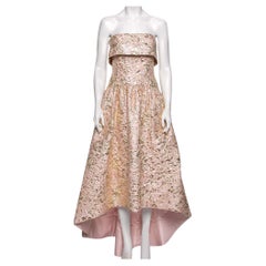 Oscar De La Renta Pink and Gold Brocade Strapless Asymmetrical Gown S