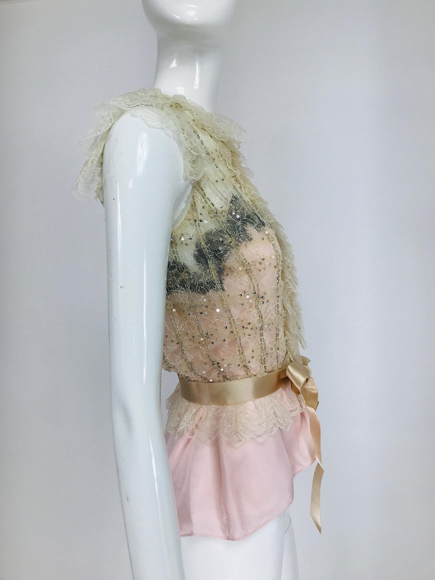 Oscar de la Renta Pink Cream Sequin Lace Top & Silk Camisole Unworn with Tags For Sale 2