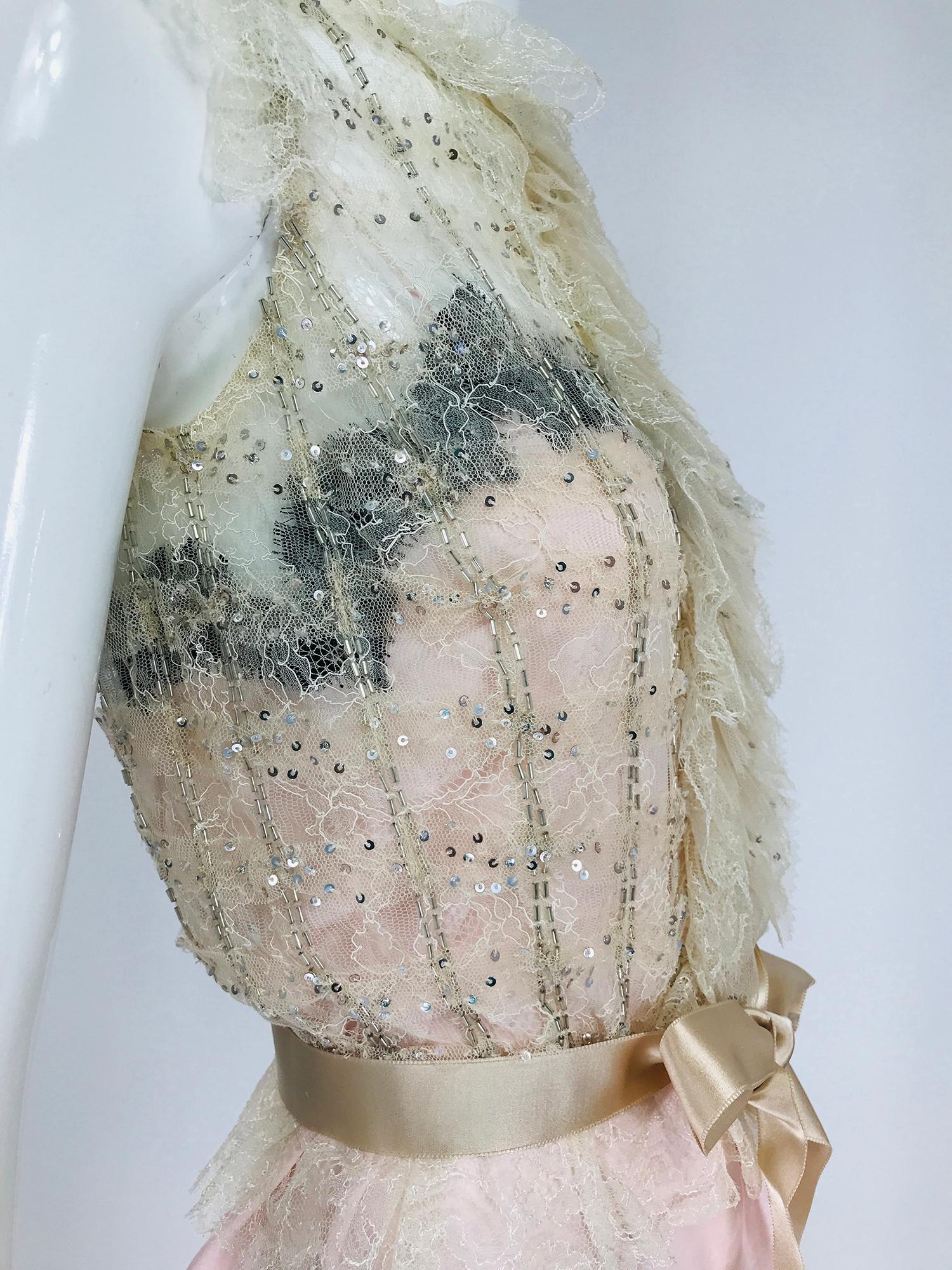 Oscar de la Renta Pink Cream Sequin Lace Top & Silk Camisole Unworn with Tags For Sale 3