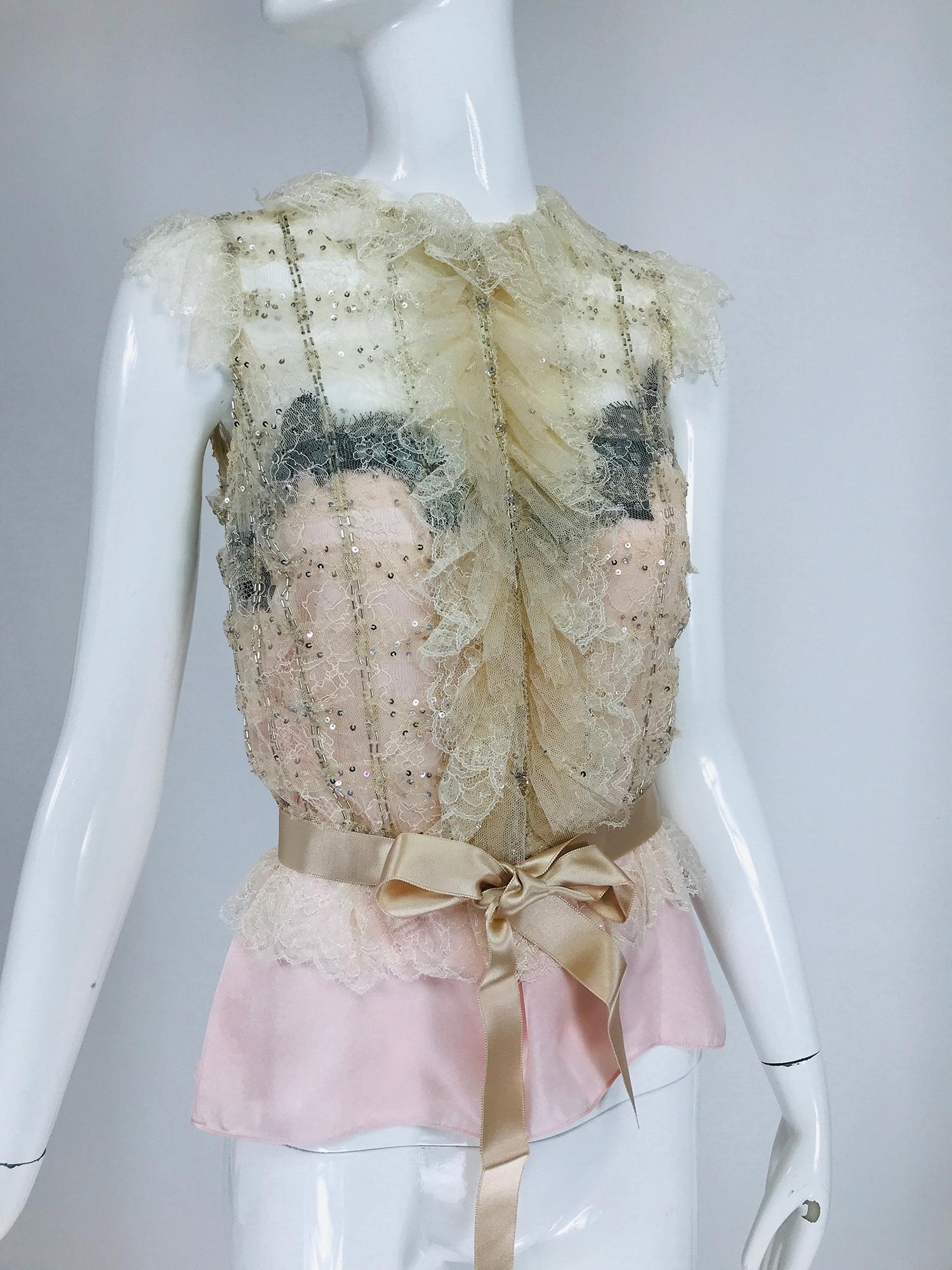 Oscar de la Renta Pink Cream Sequin Lace Top & Silk Camisole Unworn with Tags For Sale 4