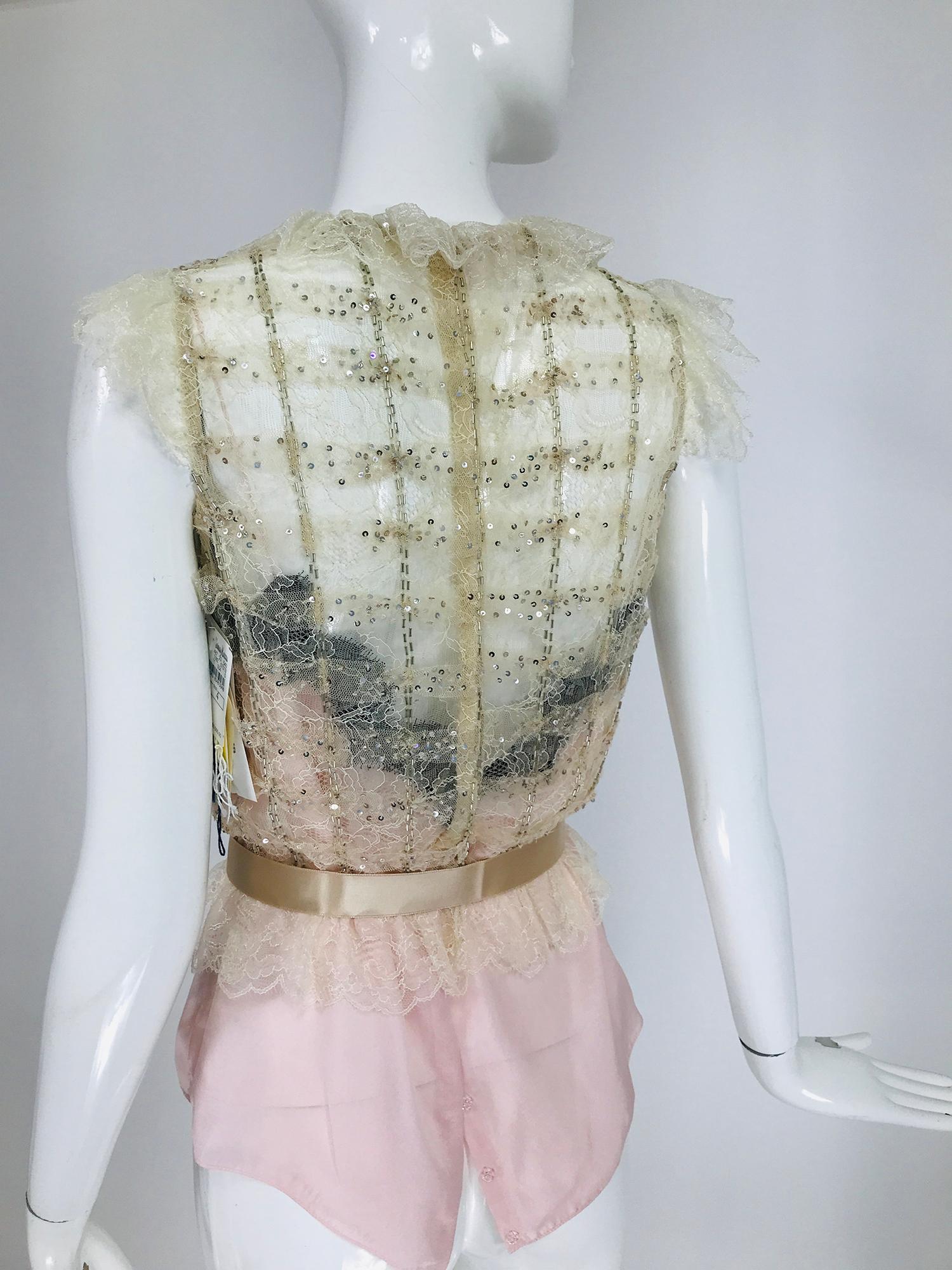 White Oscar de la Renta Pink Cream Sequin Lace Top & Silk Camisole Unworn with Tags For Sale