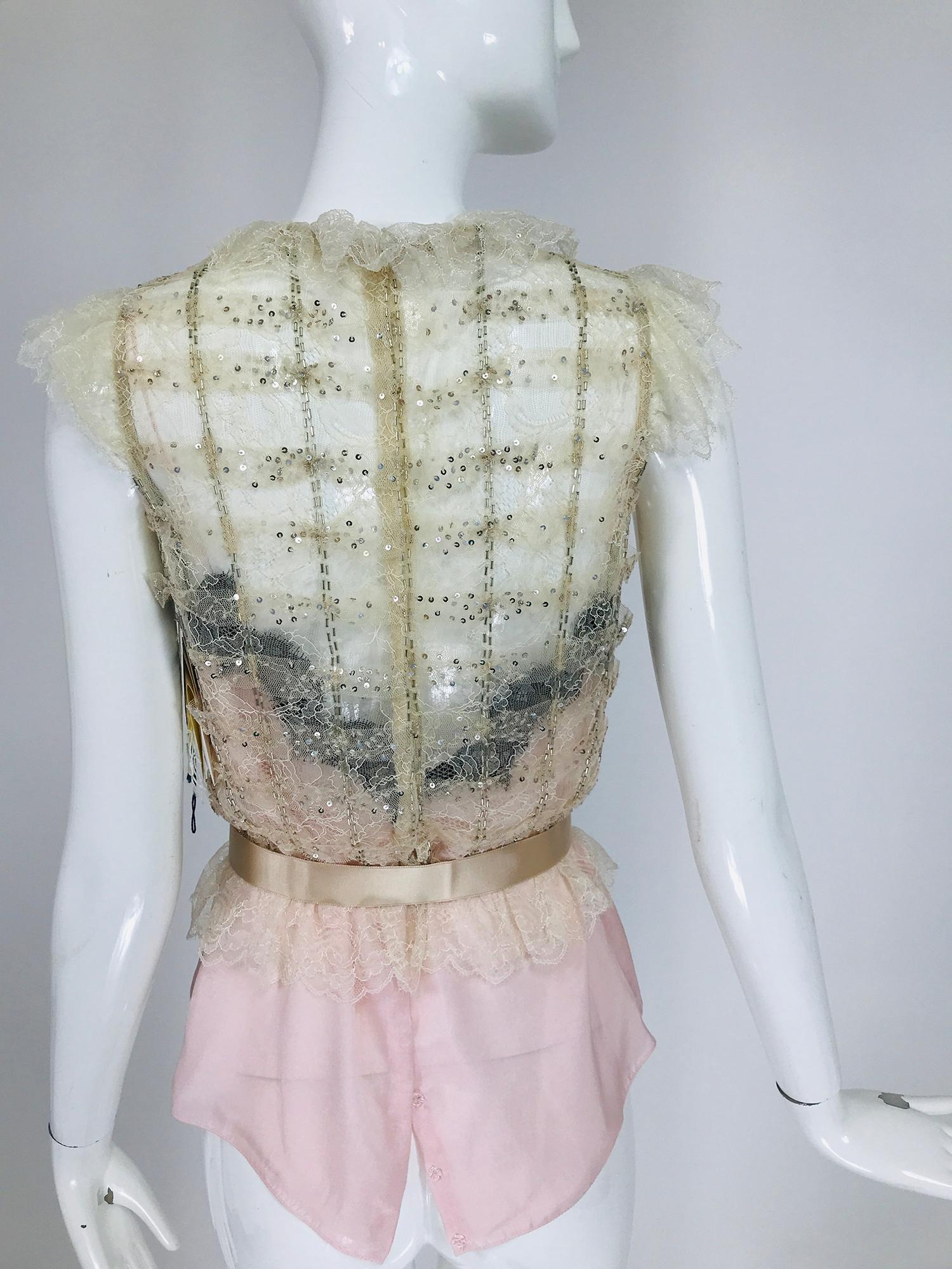 Oscar de la Renta Pink Cream Sequin Lace Top & Silk Camisole Unworn with Tags In Excellent Condition For Sale In West Palm Beach, FL