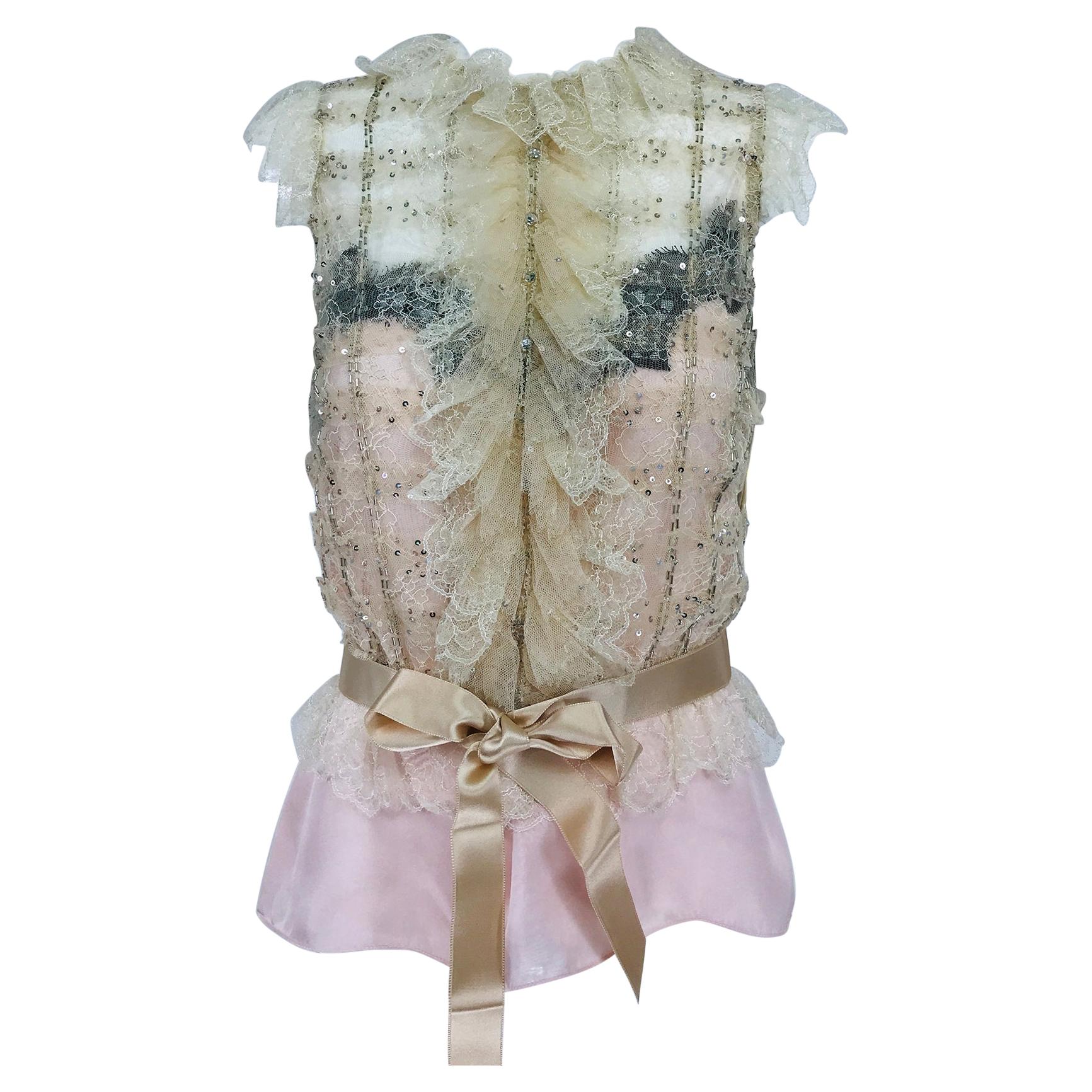 Oscar de la Renta Pink Cream Sequin Lace Top & Silk Camisole Unworn with Tags For Sale