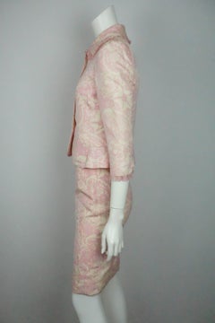 Oscar De La Renta Pink and Creme Floral Silk Skirt Suit with Ruffle Detail