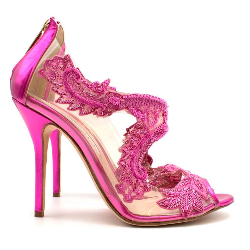 Oscar De La Renta Pink Embellished Heels 

- Almond-toe 
- stiletto heel 
- Heel Zip-Closure 
- gold tone hardware 
- window panels to sides 
- peep-toe 
- soft leather insole 
- branded insole 

Made in Italy 

Please note, these items are