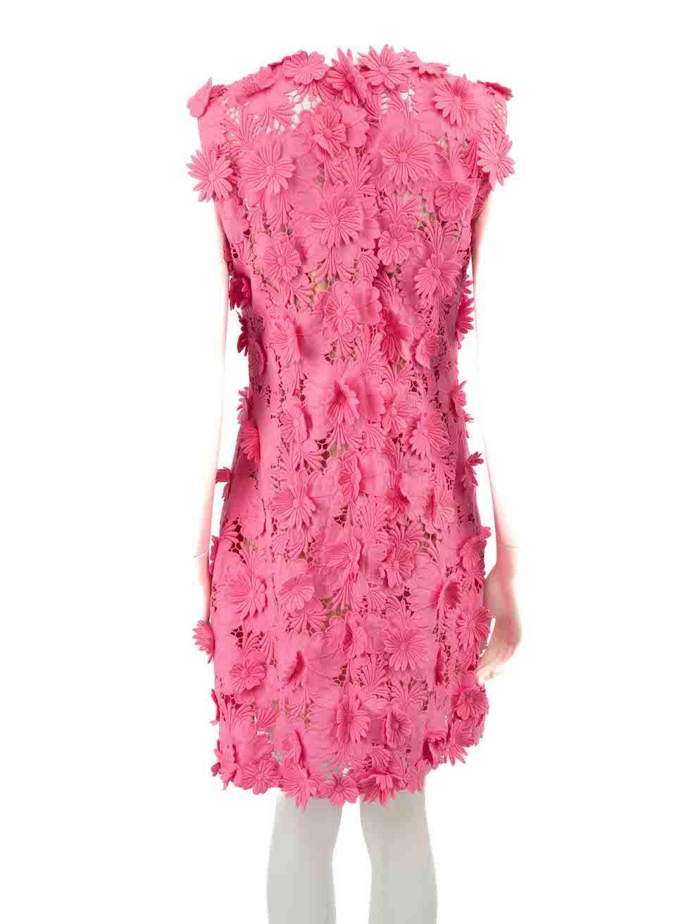 Oscar de la Renta Pink Floral Appliqué Guipure Lace Dress Size L In New Condition For Sale In London, GB