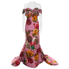 Oscar de la Renta Pink Floral Print Silk Ruched Strapless Evening Gown L