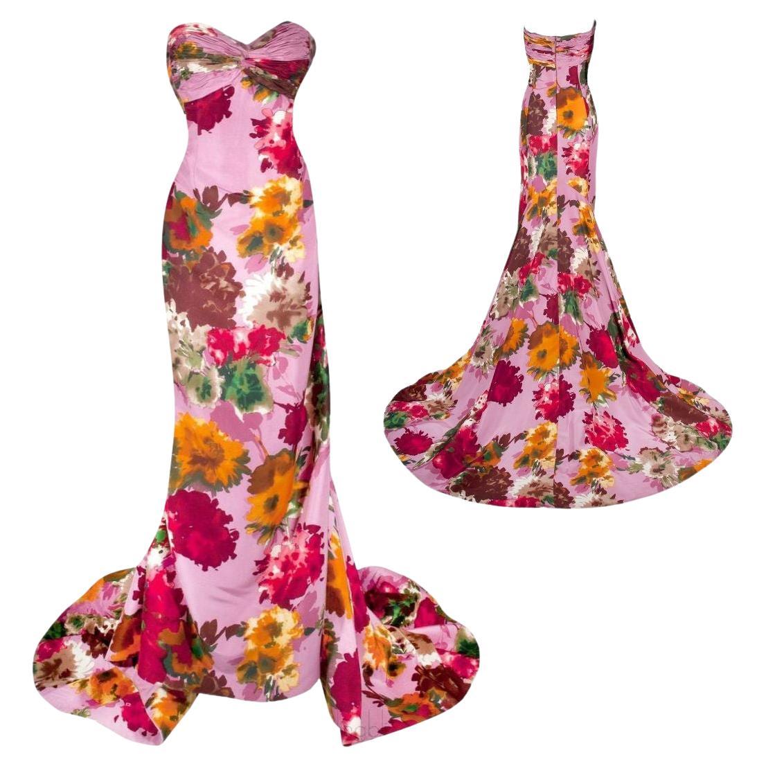 Oscar de la Renta Pink Garden Party Floral Evening Gown S/S 2008 Size 8 For Sale