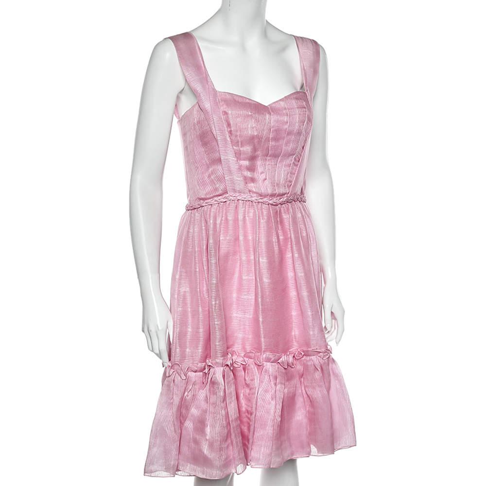 Gray Oscar de la Renta Pink Silk Sleeveless Flared Mini Dress M For Sale