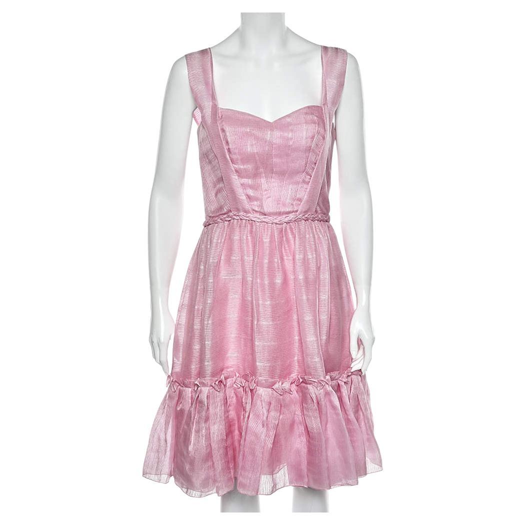 Oscar de la Renta Pink Silk Sleeveless Flared Mini Dress M For Sale