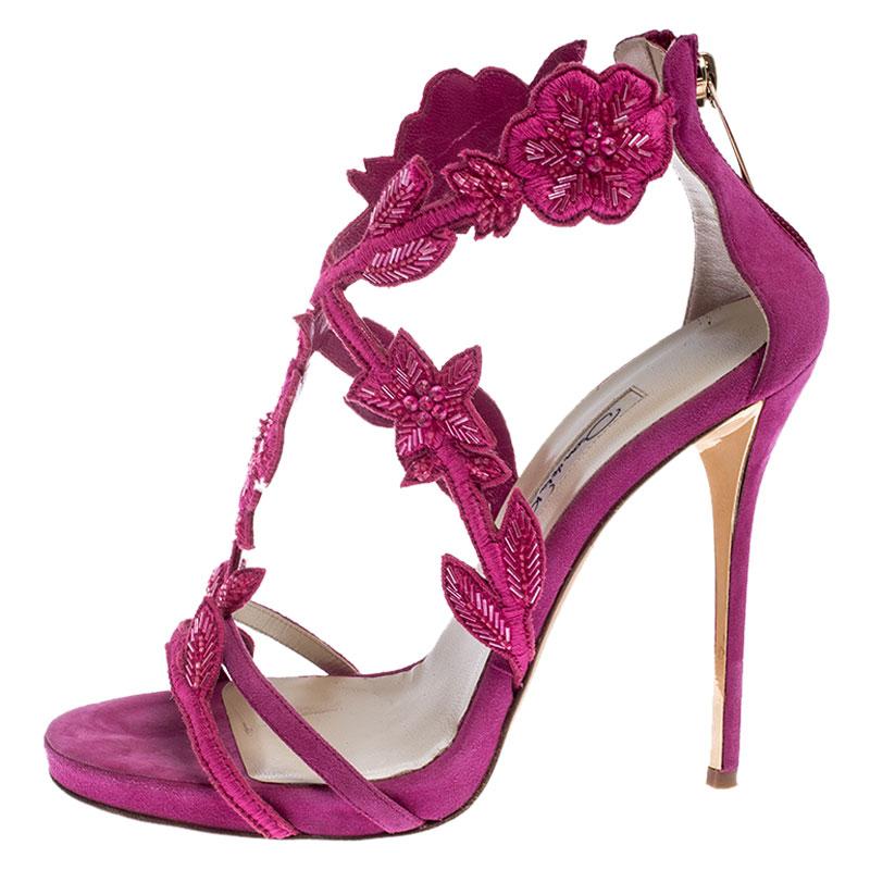 Oscar de la Renta Pink Suede Tatum Embellished T-Strap Sandals Size 37 1