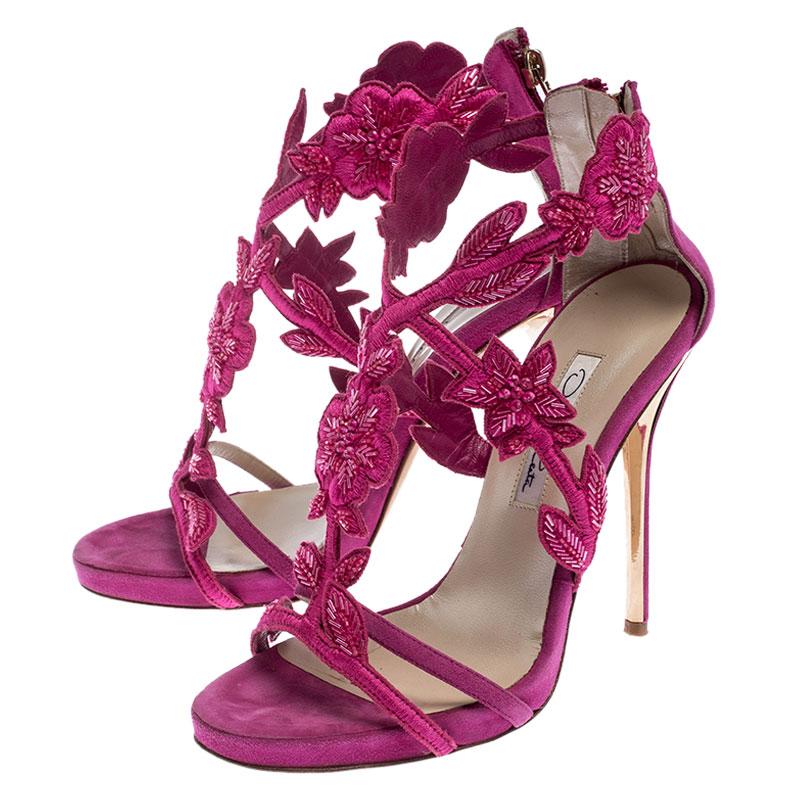 Oscar de la Renta Pink Suede Tatum Embellished T-Strap Sandals Size 37 3