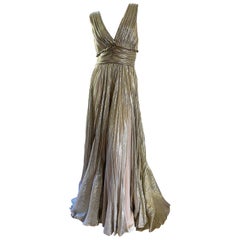 Oscar de la Renta Plunging Pleated Metallic Vintage Evening Dress