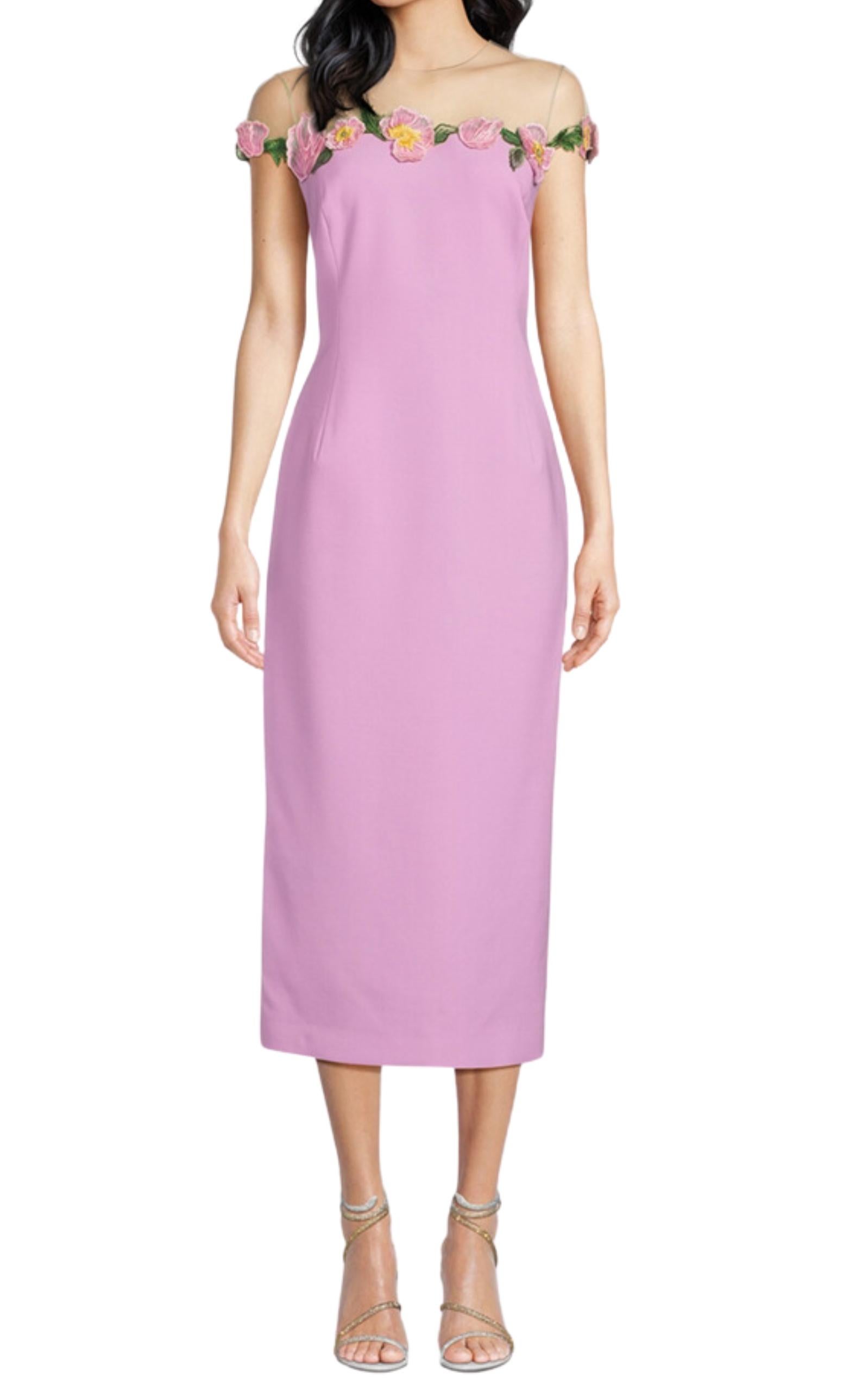 Get ready to turn heads in this stunning Poppies Illusion Neck Pencil Pink Midi Dress. With intricate floral threadwork embroidery and an elegant illusion tulle neckline, this dress hugs your curves and features cap sleeves and a center back slit