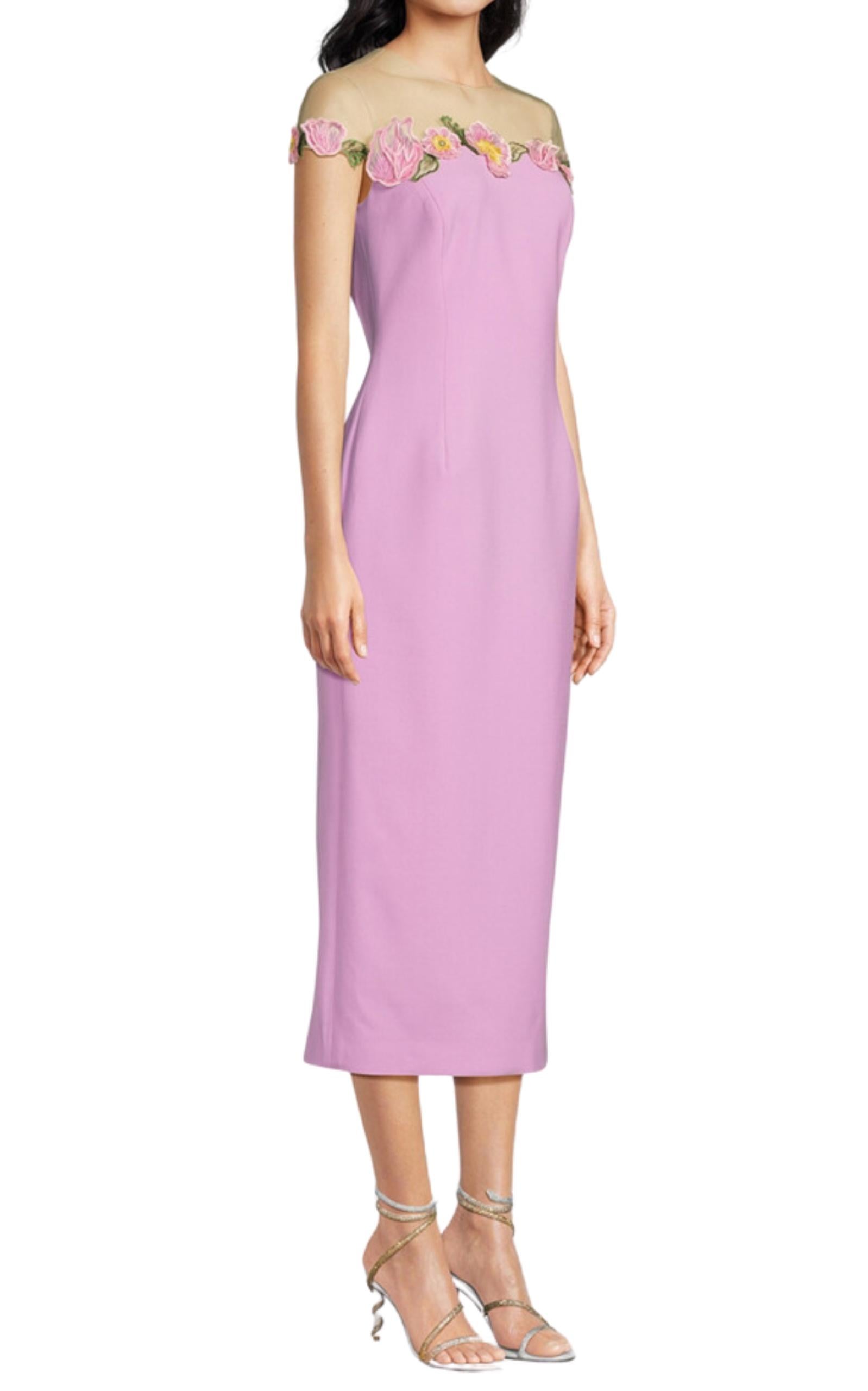 Oscar de la Renta Poppies Illusion Neck Pencil Wool Pink Midi Dress Size US 4 In New Condition For Sale In Brossard, QC