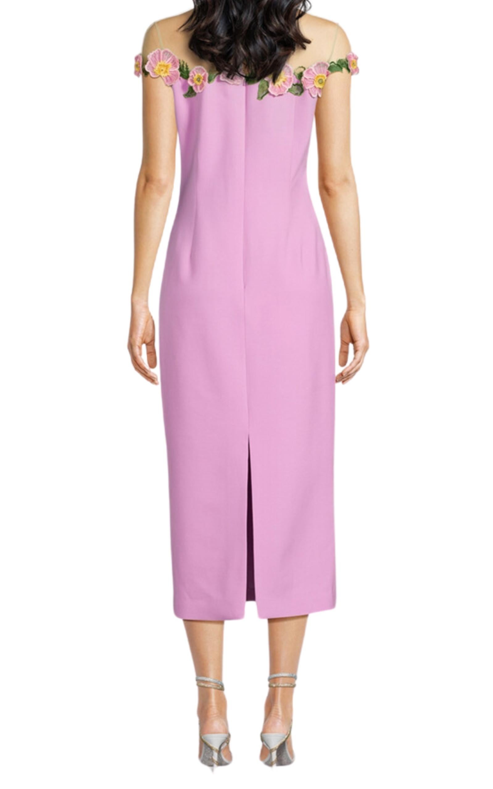Women's Oscar de la Renta Poppies Illusion Neck Pencil Wool Pink Midi Dress Size US 4 For Sale