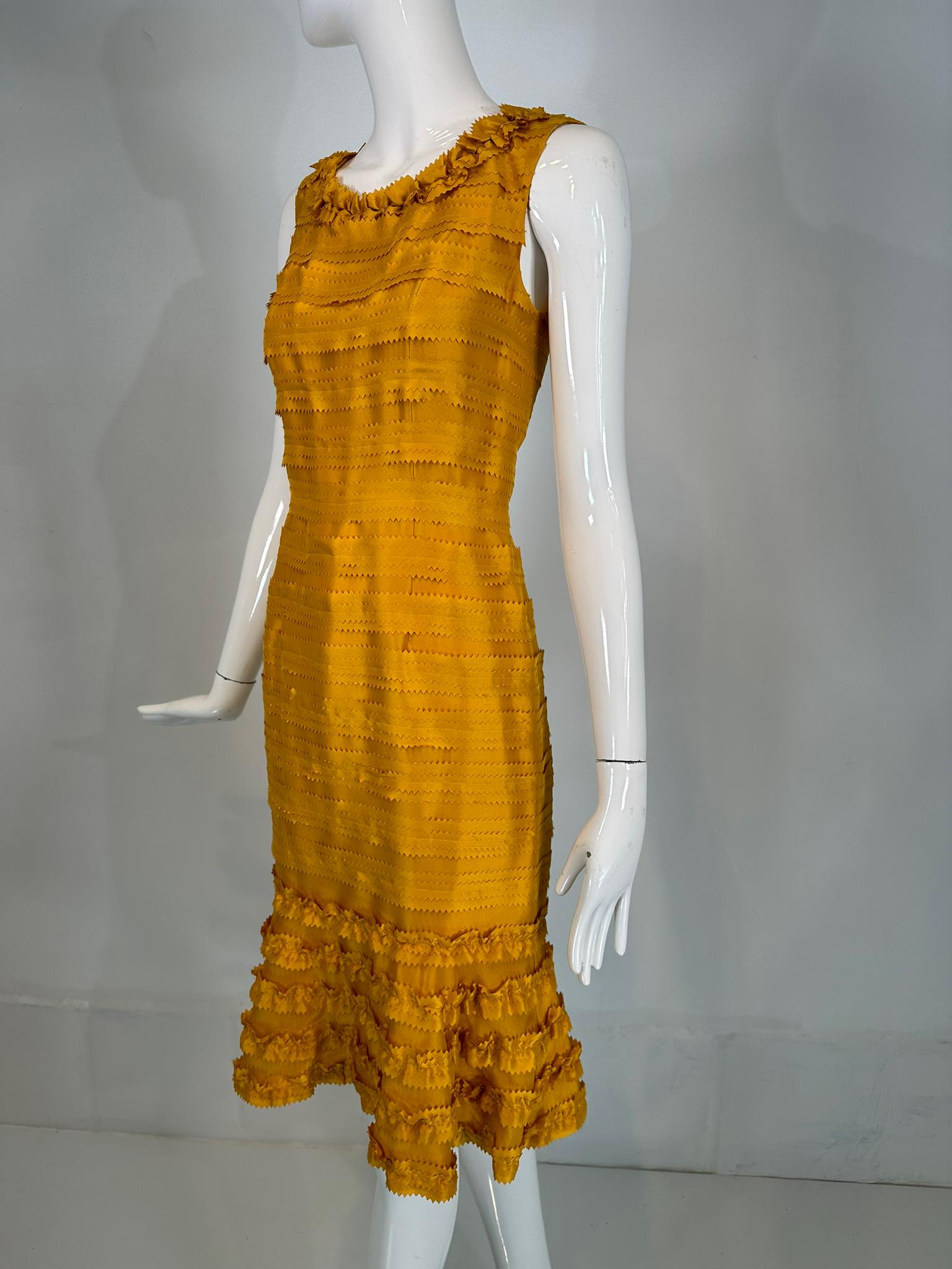 Oscar de la Renta Pre Fall 2011 Marigold Silk Pinked Edge Ruffle Neck Dress For Sale 5