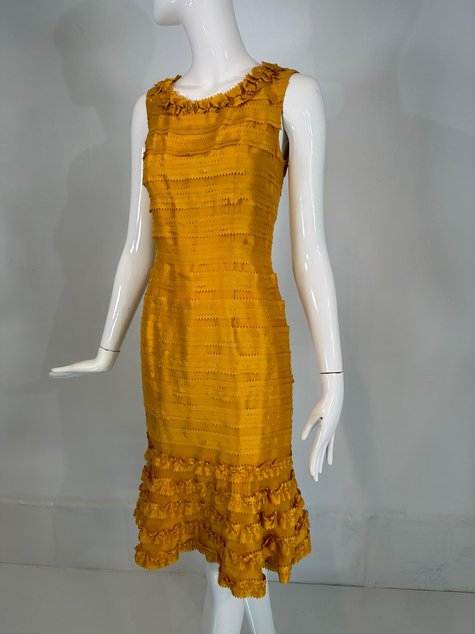 Oscar de la Renta Pre Fall 2011 Marigold Silk Pinked Edge Ruffle Neck Dress For Sale 6