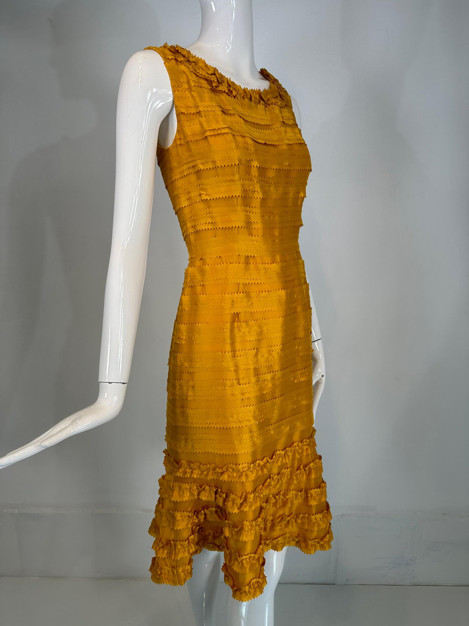 Brown Oscar de la Renta Pre Fall 2011 Marigold Silk Pinked Edge Ruffle Neck Dress For Sale