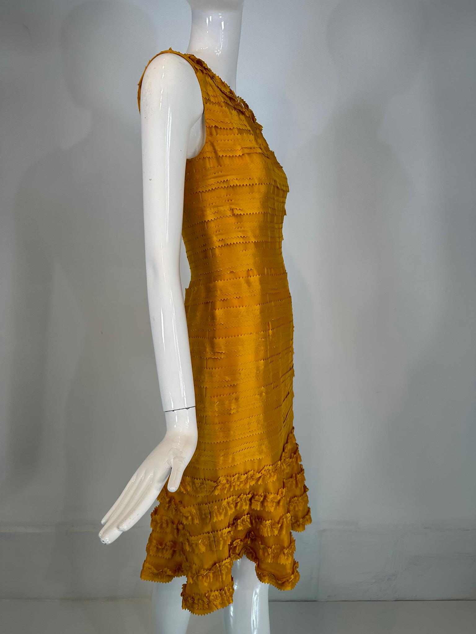 Oscar de la Renta Pre Fall 2011 Marigold Silk Pinked Edge Ruffle Neck Dress In Good Condition For Sale In West Palm Beach, FL