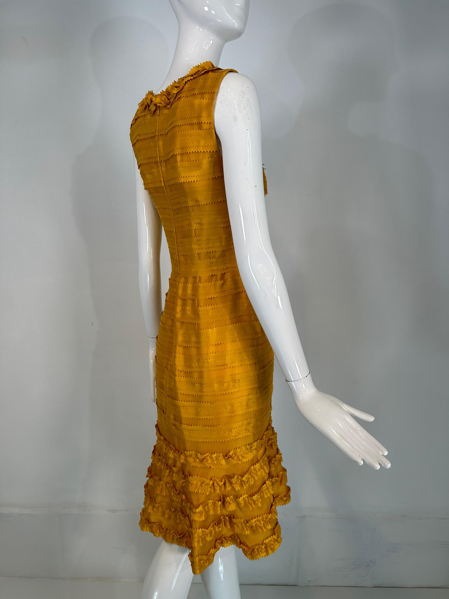 Women's Oscar de la Renta Pre Fall 2011 Marigold Silk Pinked Edge Ruffle Neck Dress For Sale