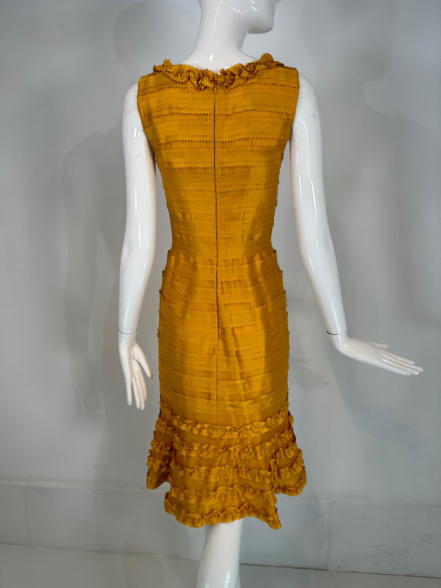 Oscar de la Renta Pre Fall 2011 Marigold Silk Pinked Edge Ruffle Neck Dress For Sale 1