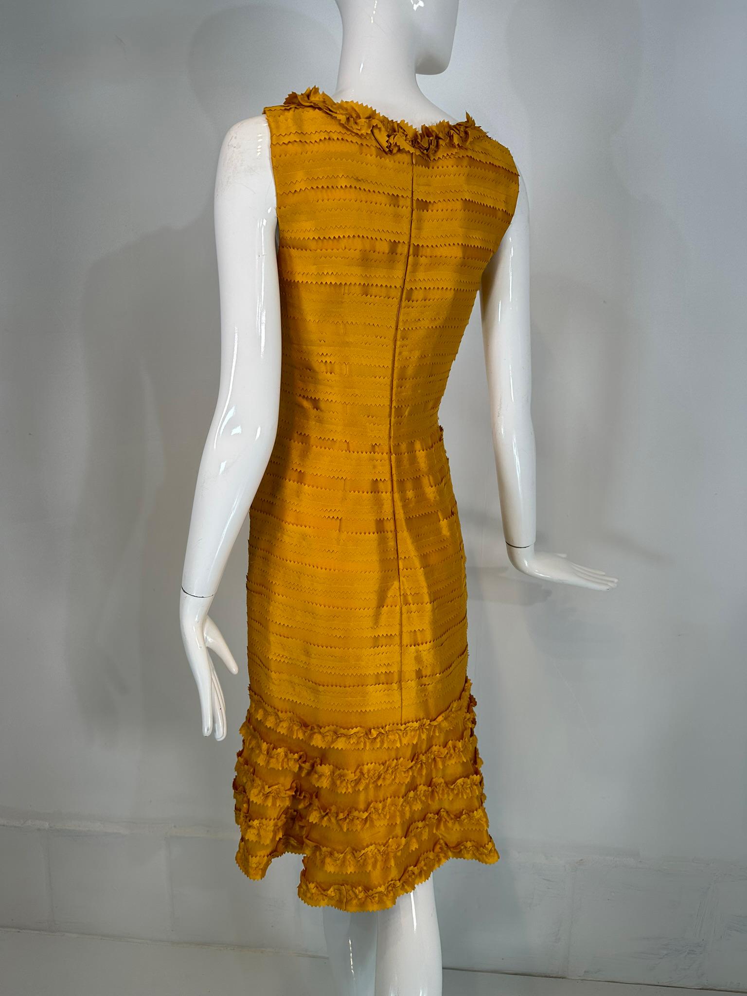 Oscar de la Renta Pre Fall 2011 Marigold Silk Pinked Edge Ruffle Neck Dress For Sale 2