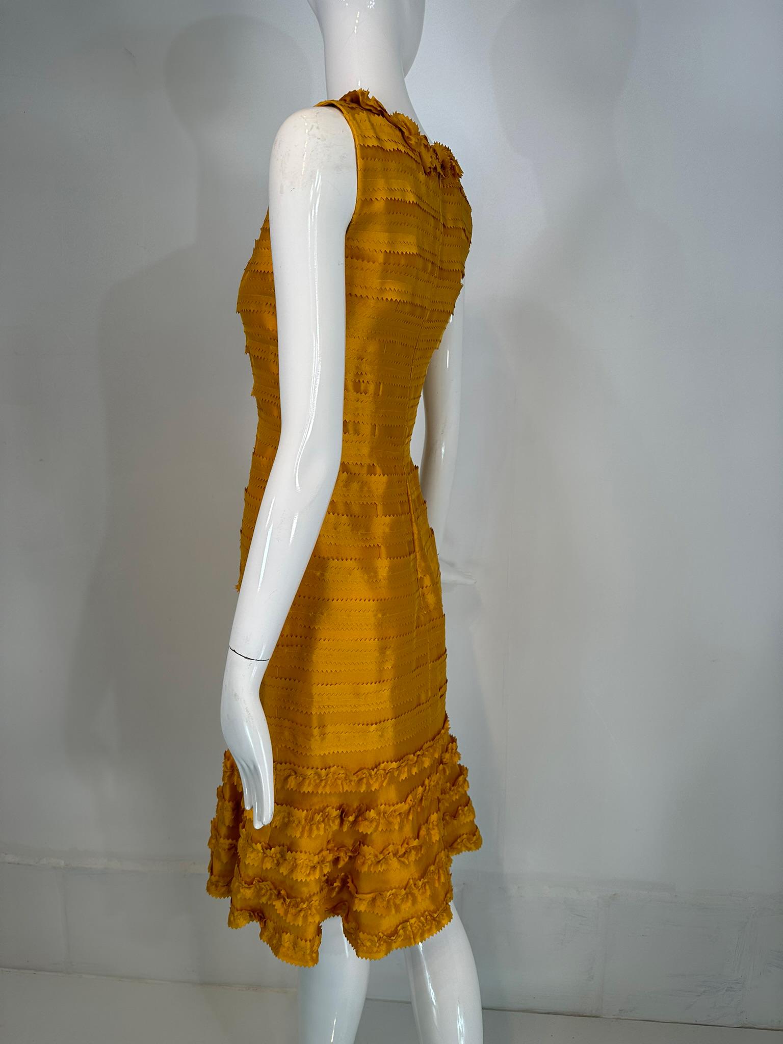 Oscar de la Renta Pre Fall 2011 Marigold Silk Pinked Edge Ruffle Neck Dress For Sale 3