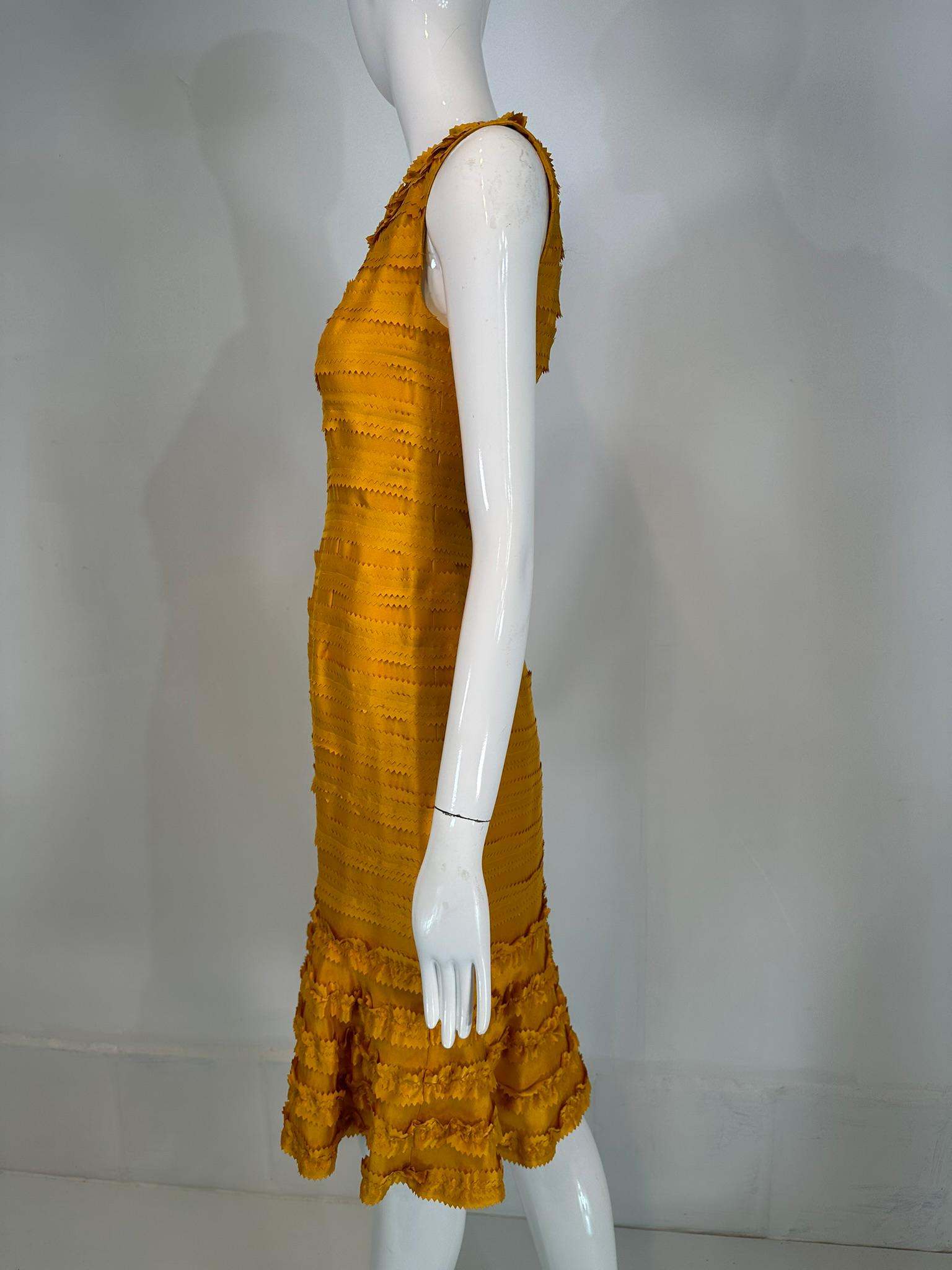 Oscar de la Renta Pre Fall 2011 Marigold Silk Pinked Edge Ruffle Neck Dress For Sale 4
