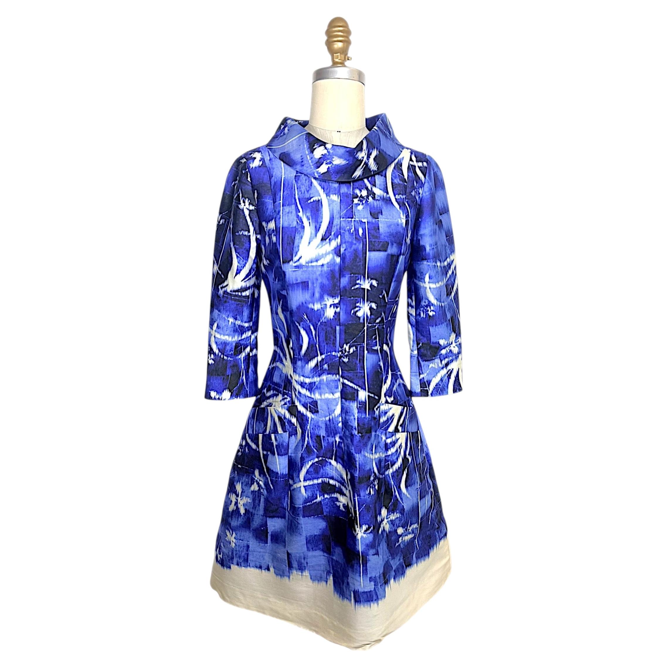 Abito Oscar de la Renta Pre-Fall 2014 con collo scultoreo blu astratto, taglia US 0