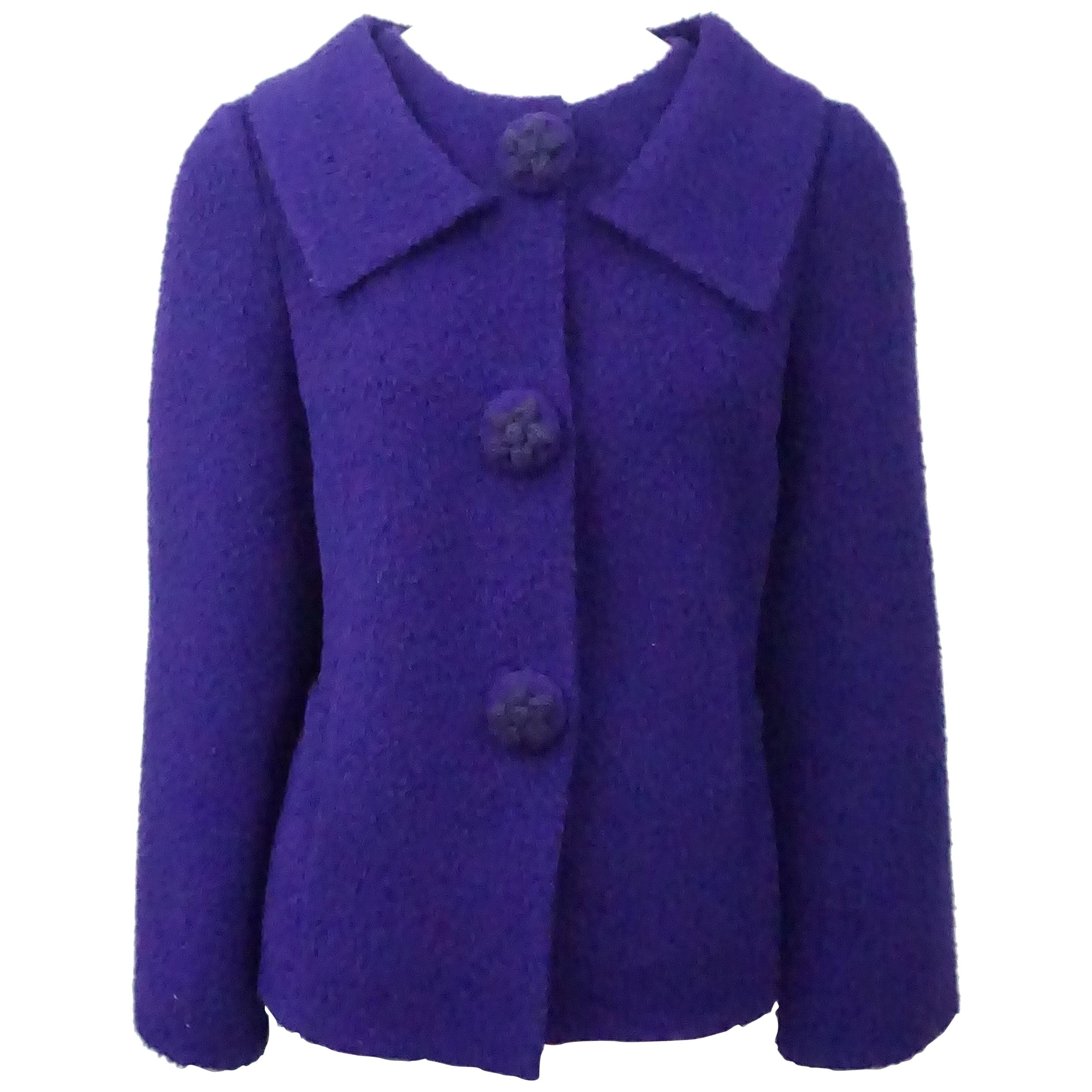 Oscar de la Renta Purple Alpaca Jacket with floral buttons-8 For Sale