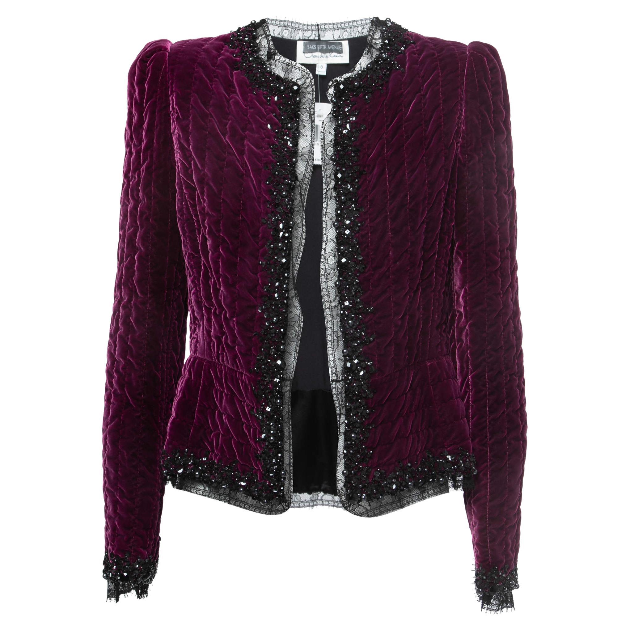 Oscar de la Renta Purple Embellished Velvet Lace Trimmed Open Front Jacket M For Sale