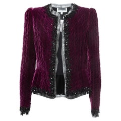 Oscar de la Renta Purple Embellished Velvet Lace Trimmed Open Front Jacket M