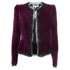 Oscar de la Renta Purple Embellished Velvet Lace Trimmed Open Front Jacket M