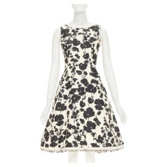 OSCAR DE LA RENTA R08  poppy floral white silk feather hem fit flare dress US0