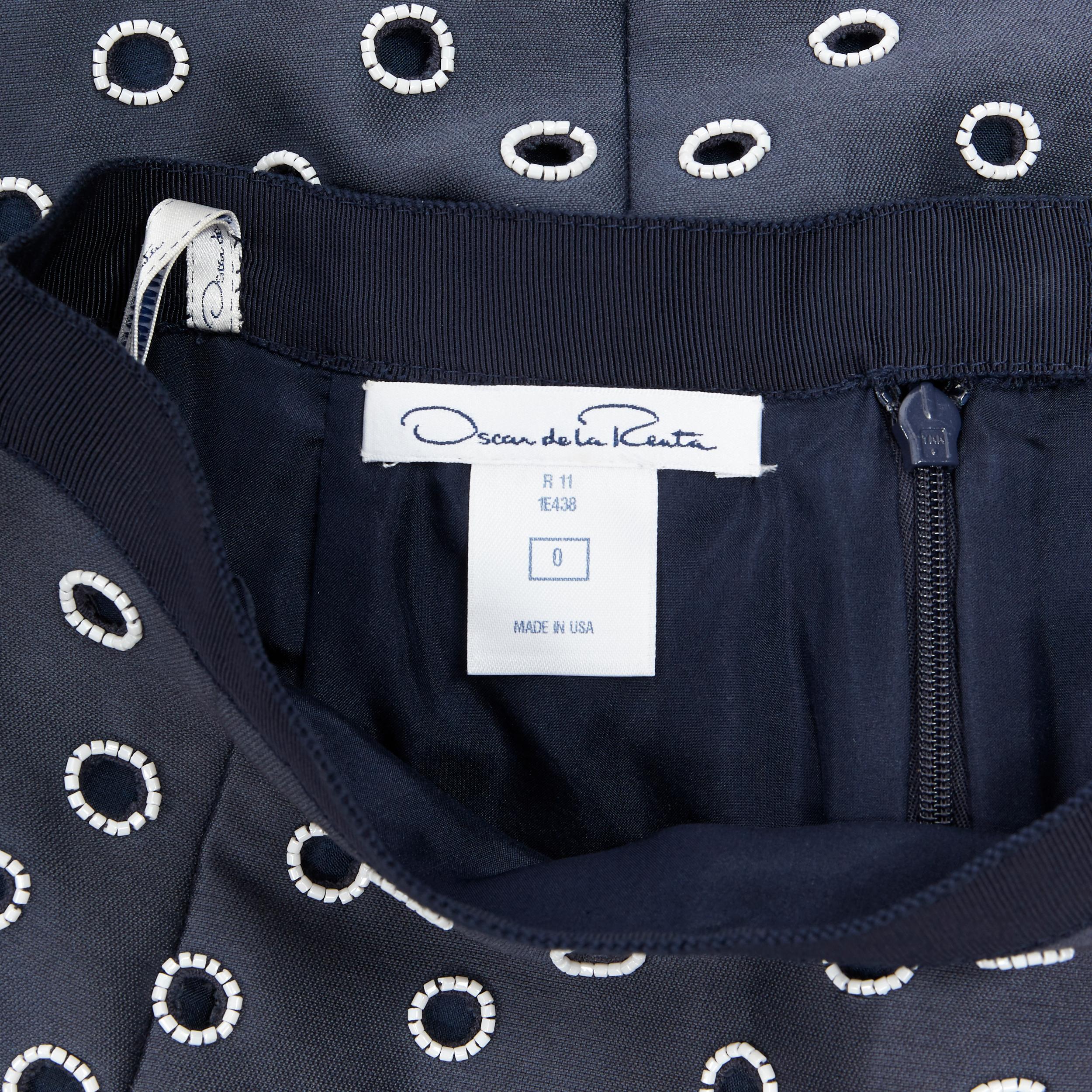 OSCAR DE LA RENTA R11 navy blue cotton white bead embroidered cut out skirt US0 5