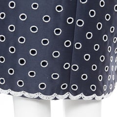 OSCAR DE LA RENTA R11 navy blue cotton white bead embroidered cut out skirt US0