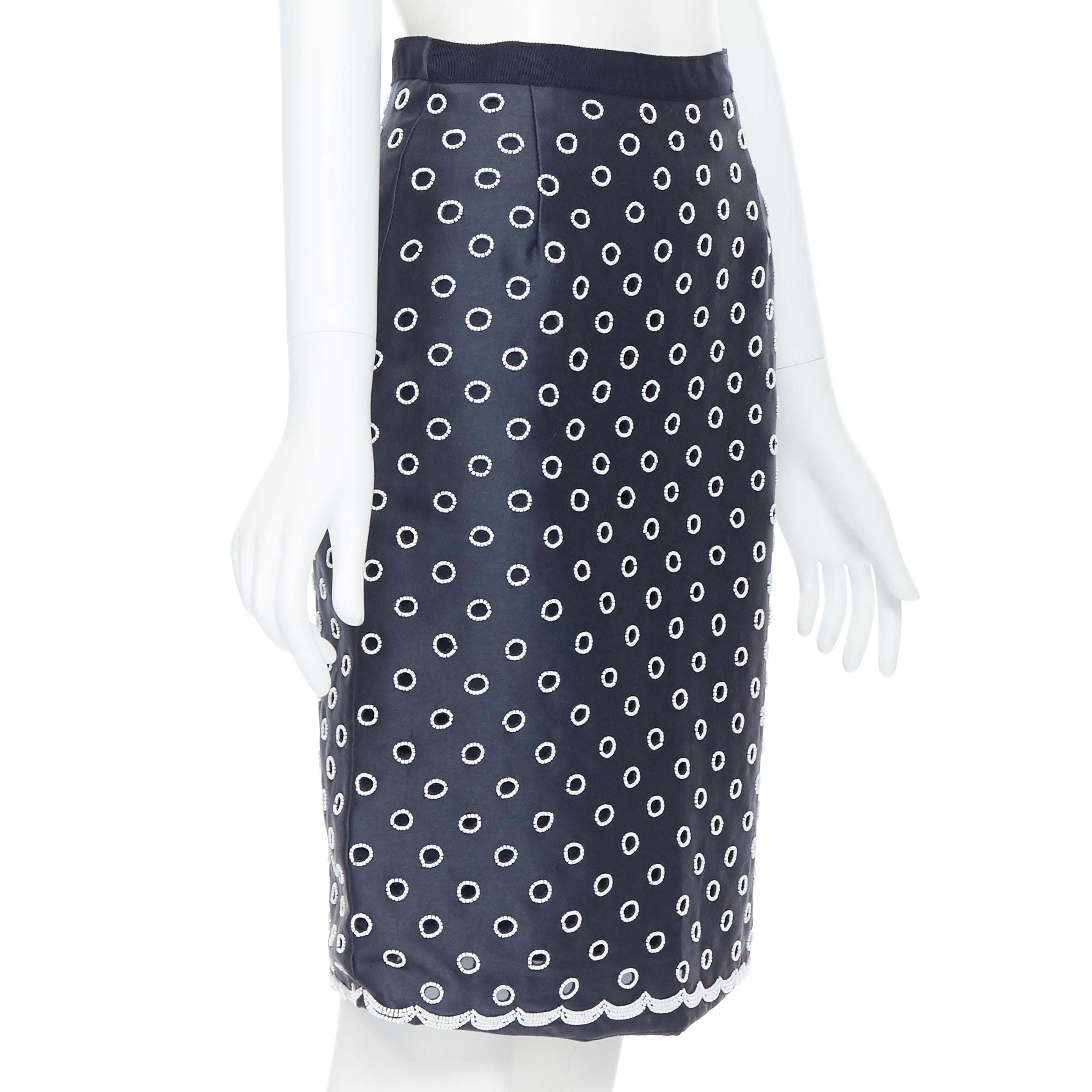 Black OSCAR DE LA RENTA R11 navy blue cotton white bead embroidered cut out skirt US0
