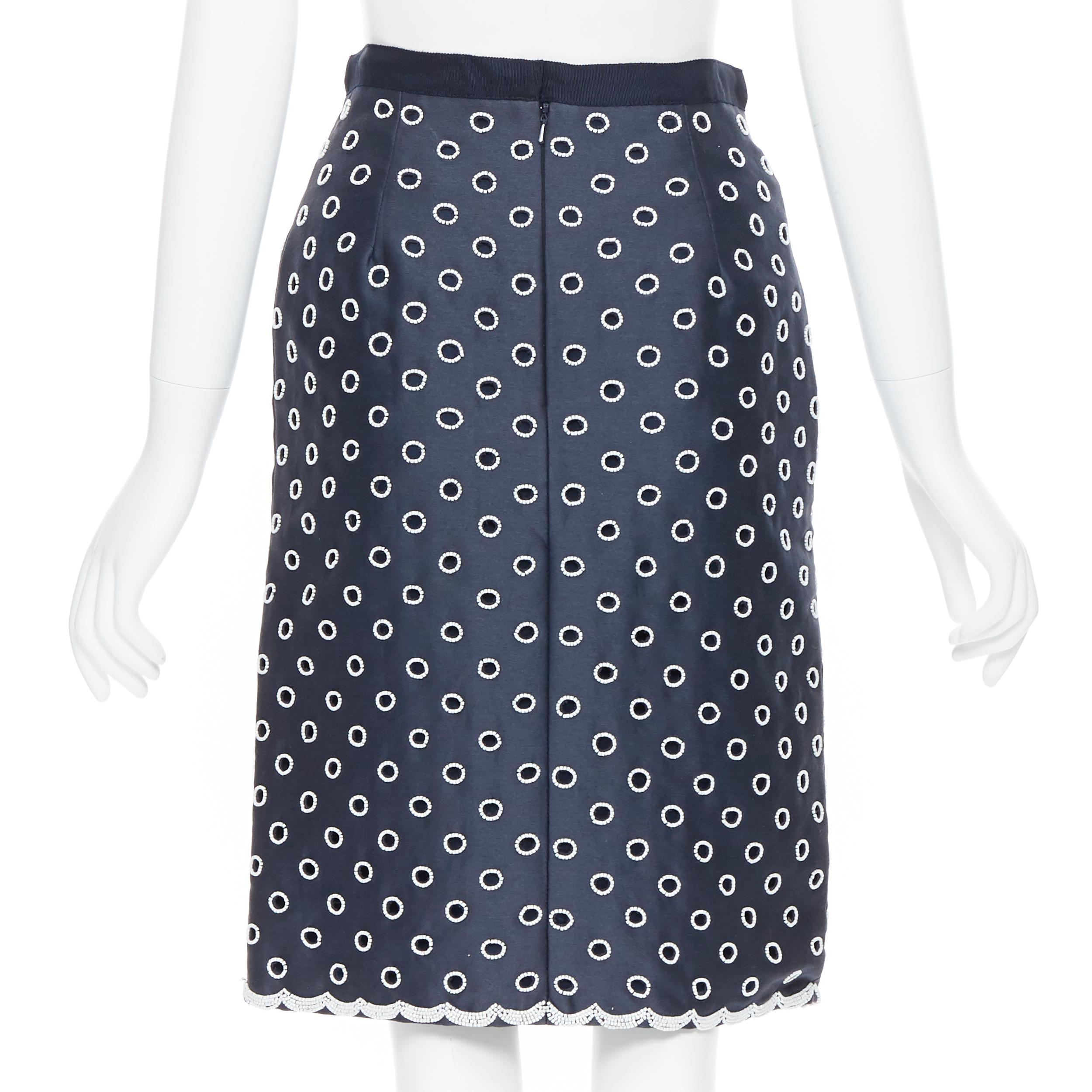 OSCAR DE LA RENTA R11 navy blue cotton white bead embroidered cut out skirt US0 1