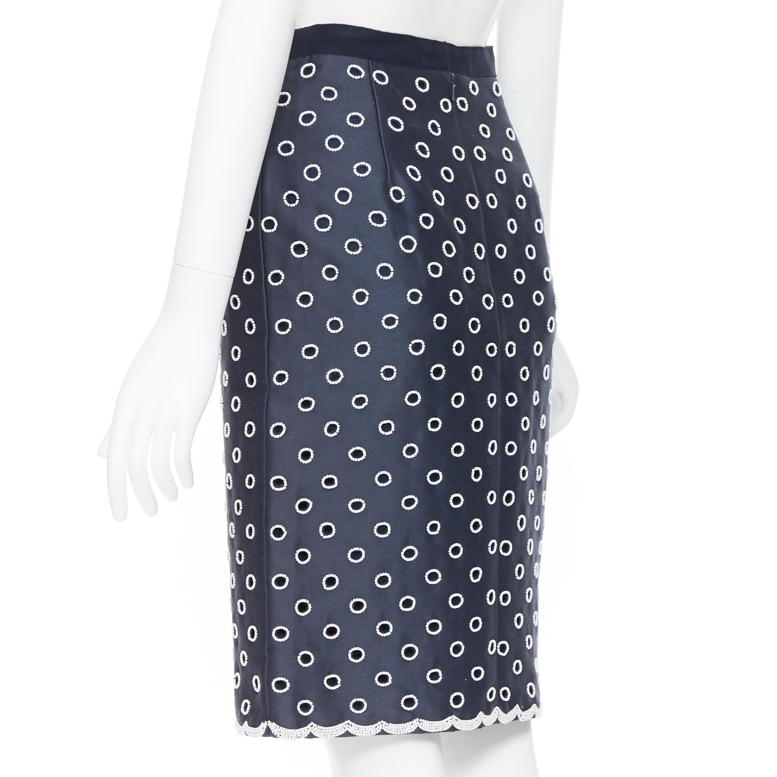 OSCAR DE LA RENTA R11 navy blue cotton white bead embroidered cut out skirt US0 2