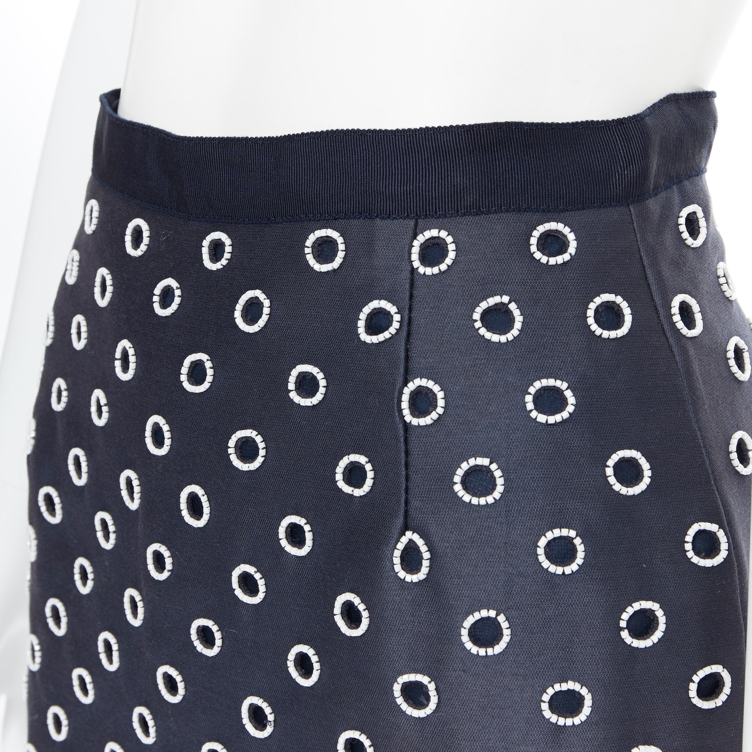 OSCAR DE LA RENTA R11 navy blue cotton white bead embroidered cut out skirt US0 3