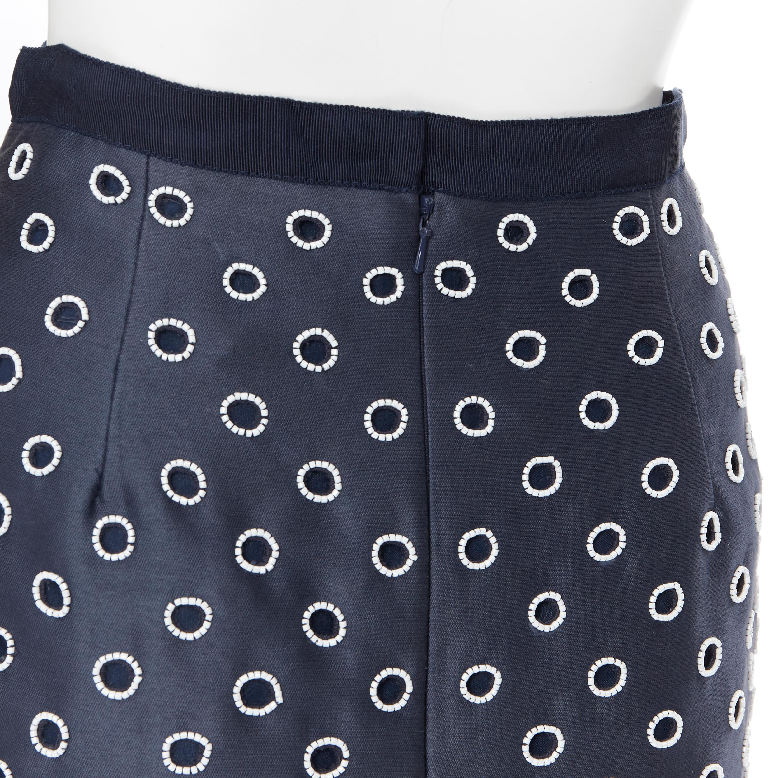 OSCAR DE LA RENTA R11 navy blue cotton white bead embroidered cut out skirt US0 4
