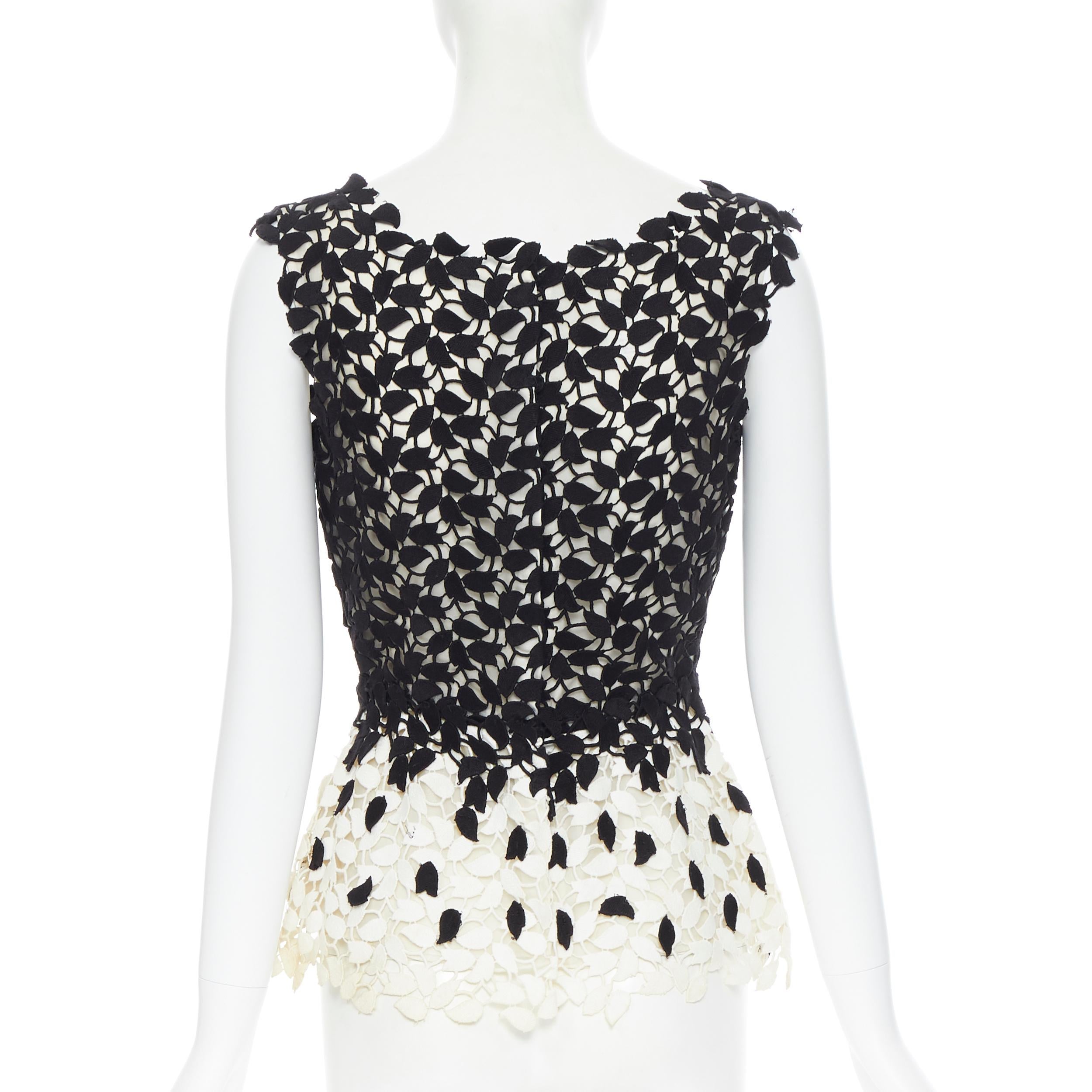 Black OSCAR DE LA RENTA R13 black white leaf embroidery lace peplum evening top US0