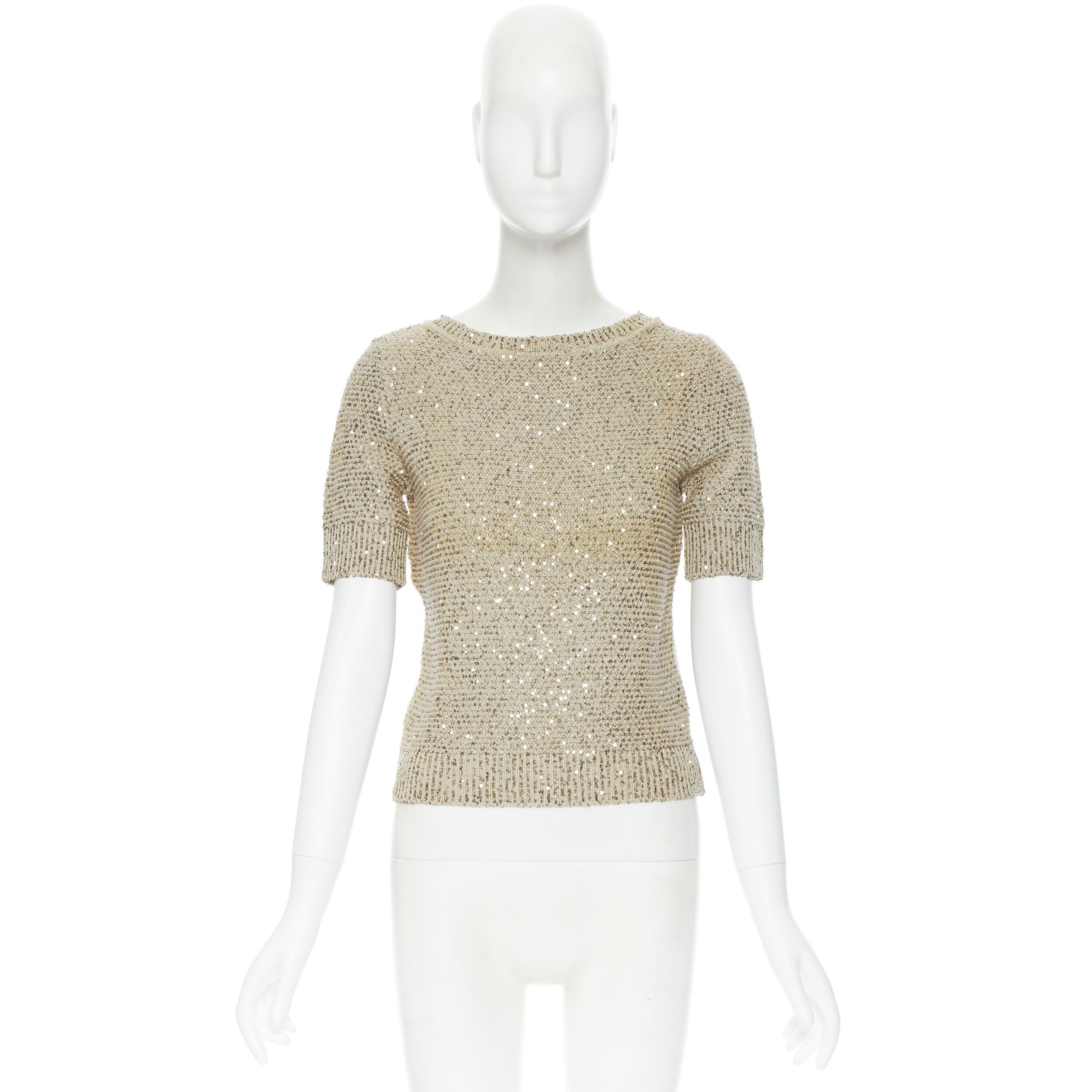 OSCAR DE LA RENTA R13 lentejuelas doradas algodón seda jersey manga corta XS Oro