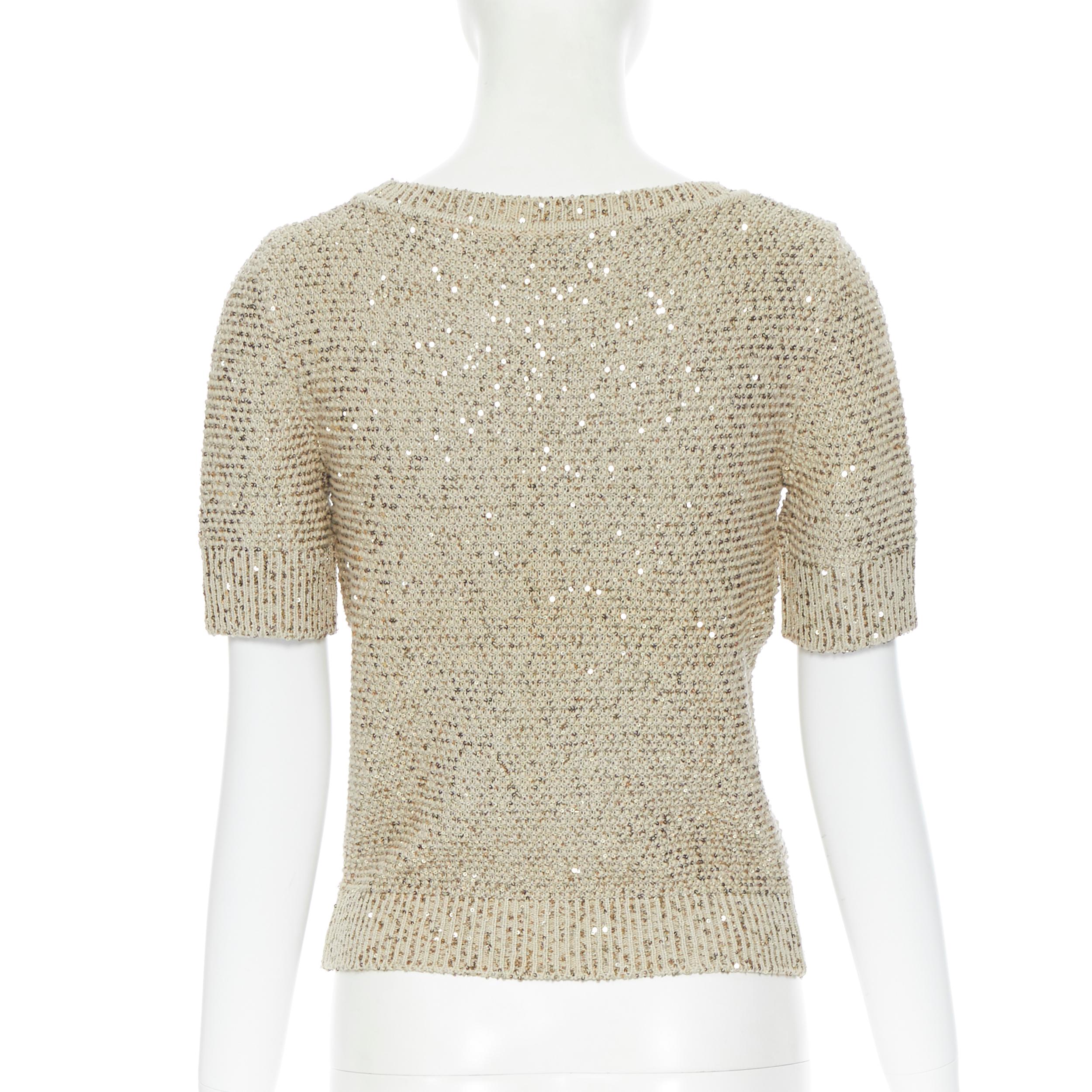 Gold OSCAR DE LA RENTA R13 gold sequins silk cotton short sleeve sweater top XS