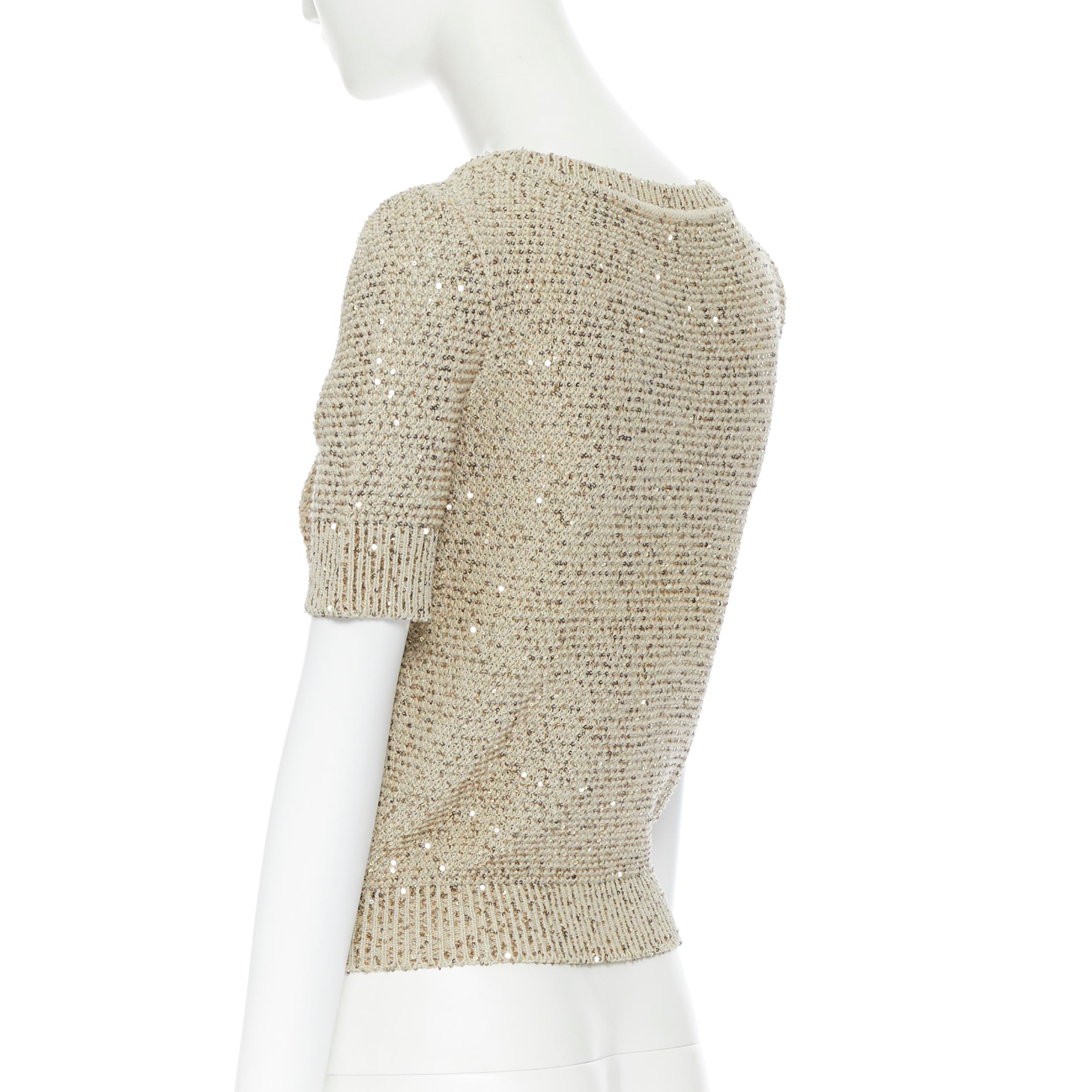 Women's OSCAR DE LA RENTA R13 gold sequins silk cotton short sleeve sweater top XS