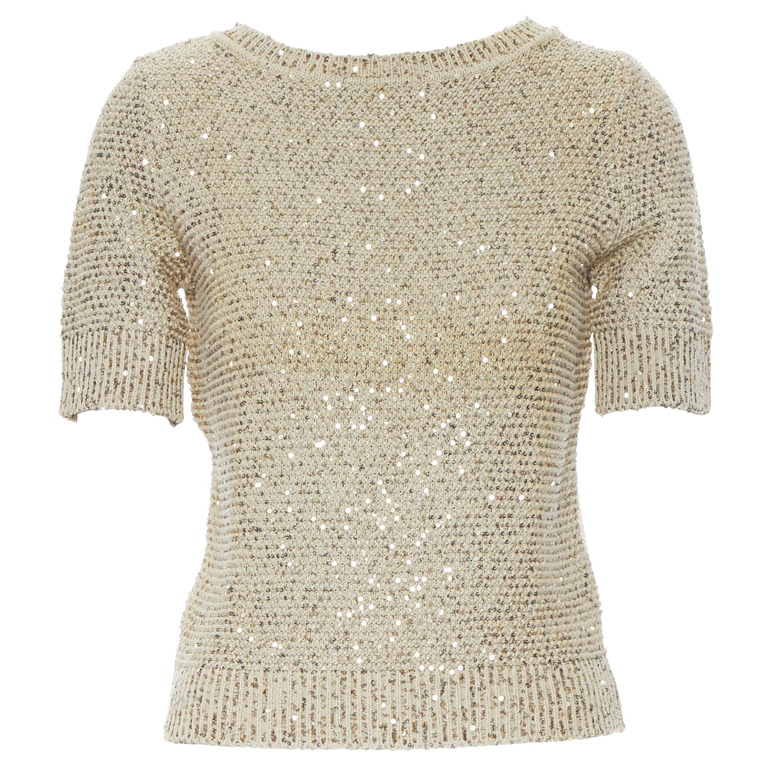 OSCAR DE LA RENTA R13 gold sequins silk cotton short sleeve sweater top XS