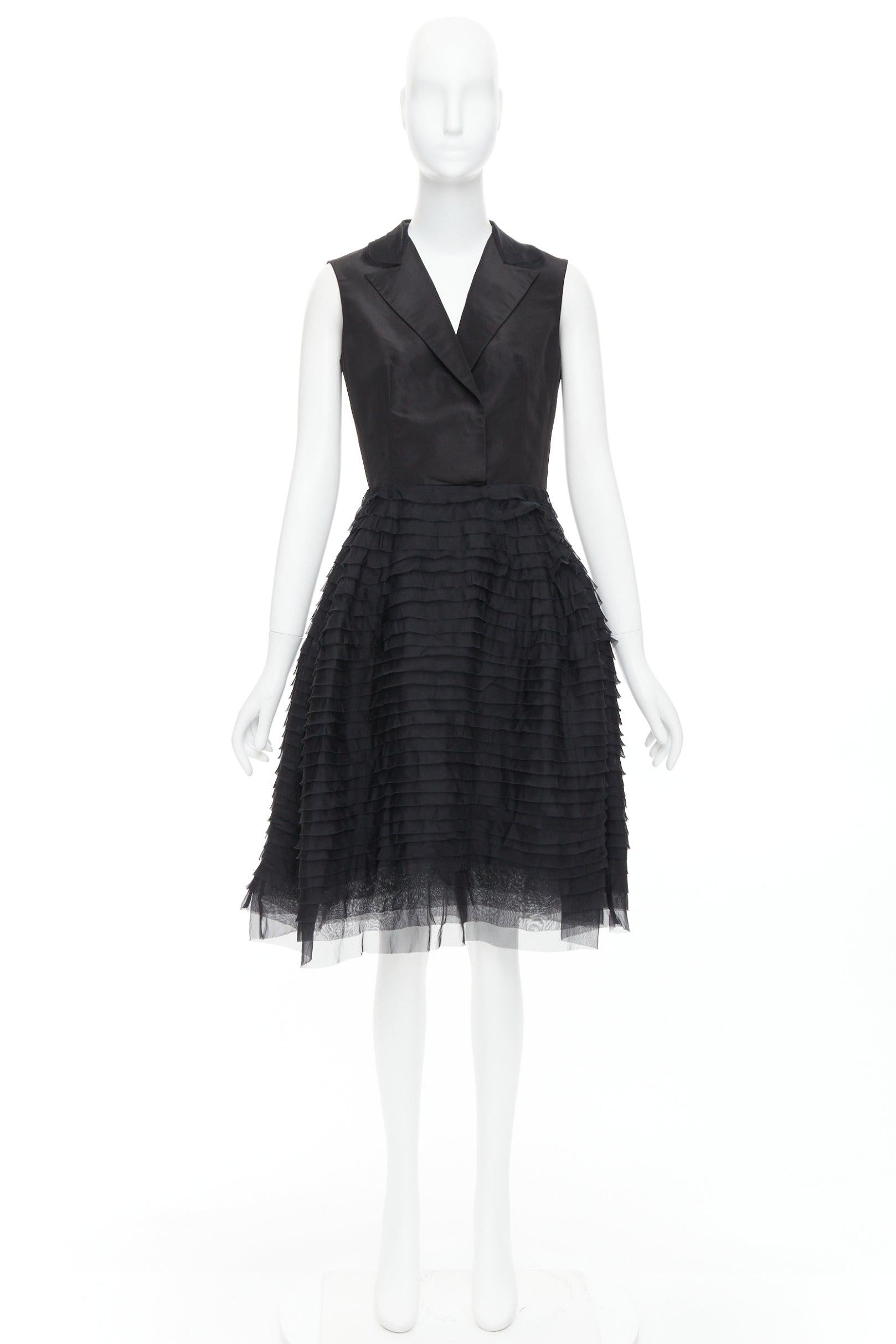 Oscar De La Renta R14 100% soie noir col en pointe robe bouffante à volants US4 S en vente 4