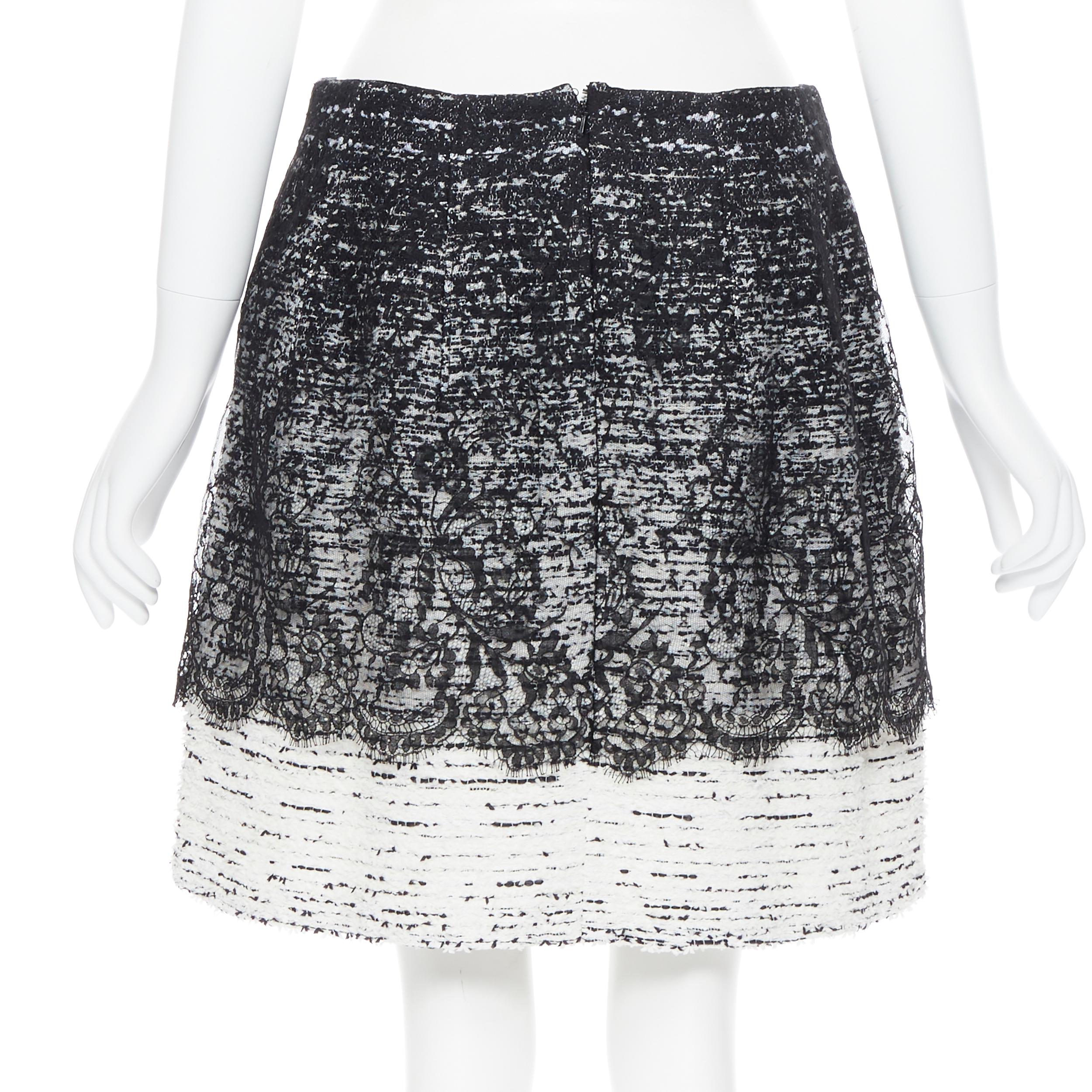 Black OSCAR DE LA RENTA R15 black white gradient tweed lace overlay mini skirt US10